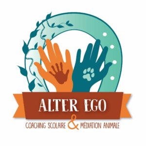 Logo représenté par un fer à cheval avec à l'intérieur deux mains avec une illustration d'une main et d'une patte de chien dans la paume , et une bannière en dessous avec le nom et les services